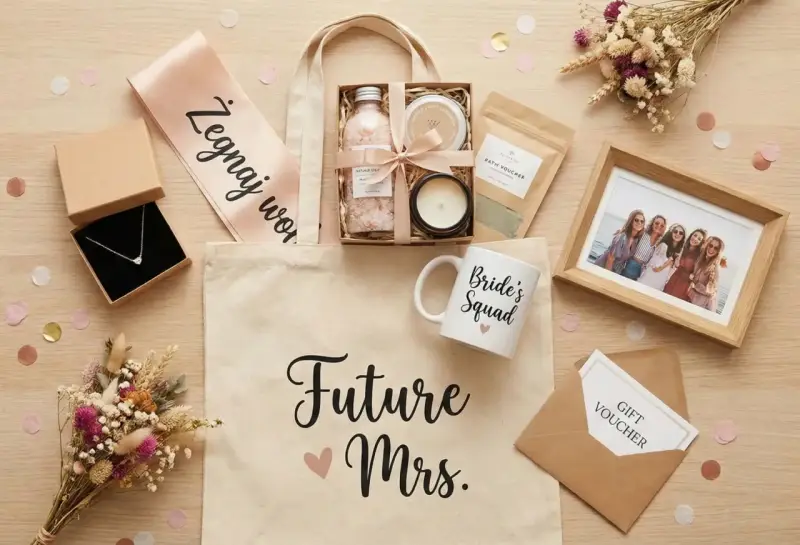 Idealny prezent na wieczór panieński DIY: torba z napisem "Future Mrs.", naszyjnik, kosmetyki, kubek "Bride's Squad", ramka ze zdjęciem i voucher.